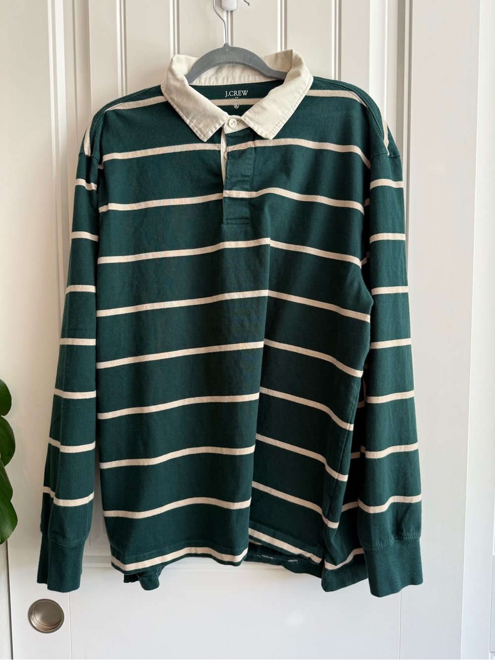 J.Crew Striped Long Sleeve Rugby Shirt Men's XL Green Off-White Heavyweight